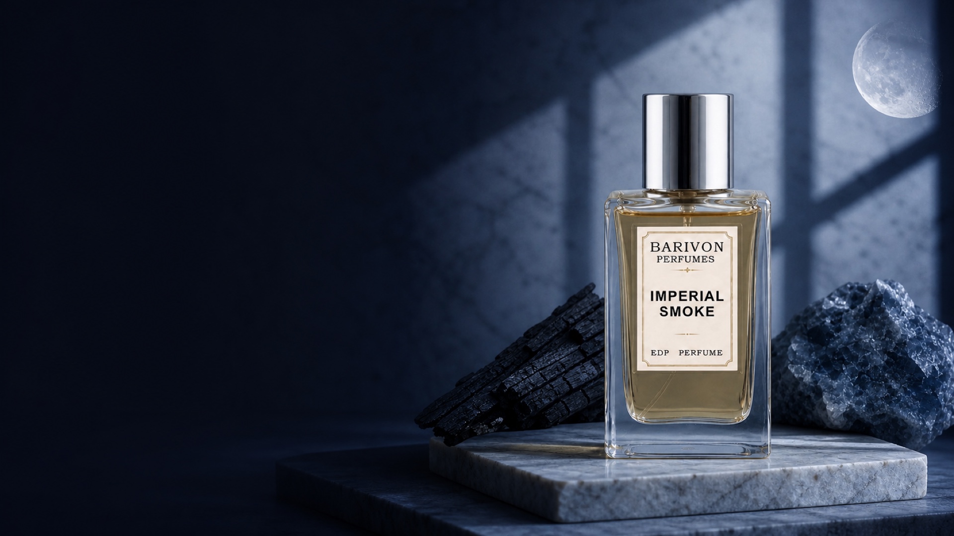 Barivon Imperial Smoke perfume in an after-midnight campaign scene